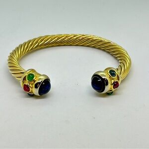 Vtg Gold-Tone Cabachon & Faux Stone Cable Open Cuff Bracelet